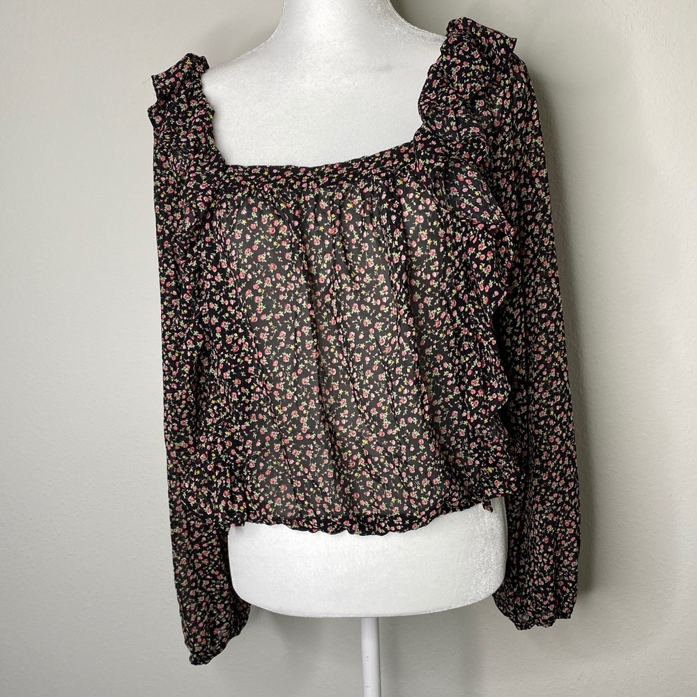 New Passport Top Women Square Neck Ruffle Long Sleeve Shirt Blouse SZ L